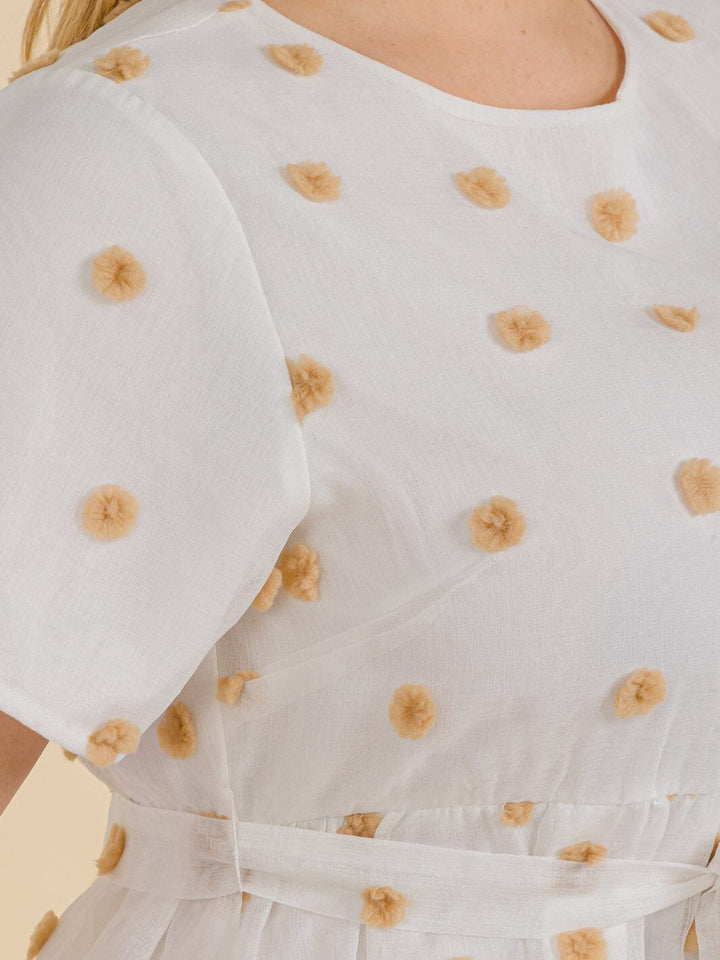 PLUS SIZE SHORT SLEEVE SWISS DOT DETAILED SELF TIE MIDI DRESS
