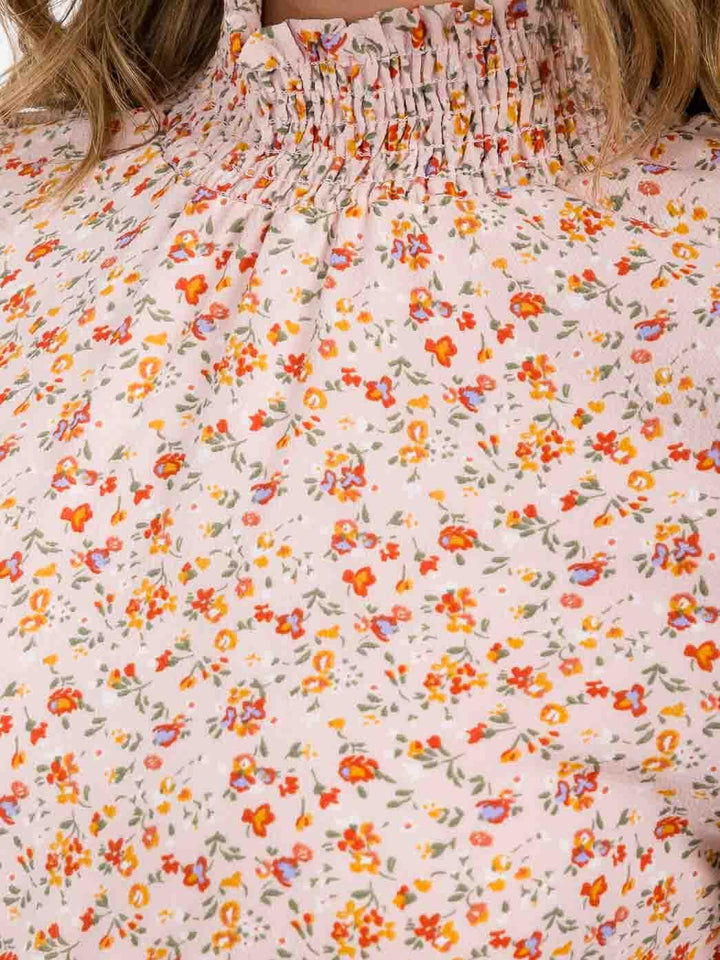 WOMEN'S 3/4 SLEEVES MOCK NECK ELASTIC WAIST FLORAL MINI DRESS