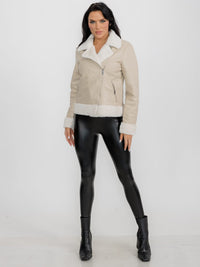 WOMEN'S LONG SLEEVE FAUX FUR LINING ZIPPER CLOSURE FRONT POCKETS PU PLEATHER JACKET