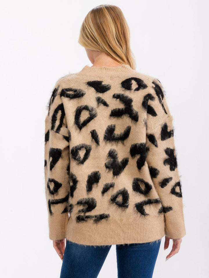 WOMEN'S LONG SLEEVE BUTTON CLOSURE ANIMAL PRINT CARDIGAN SWEATER