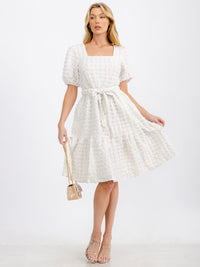 WOMEN'S SHORT PUFF SLEEVE SQUARE NECK TIERED POCKETS MIDI DRESS