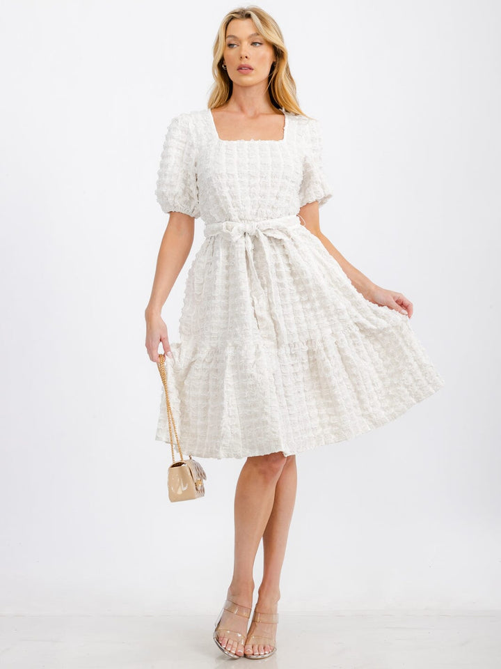 WOMEN'S SHORT PUFF SLEEVE SQUARE NECK TIERED POCKETS MIDI DRESS
