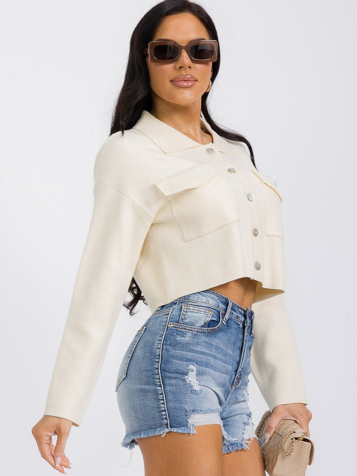 WOMEN'S LONG SLEEVE BUTTON UP FRONT POCKETS TOP