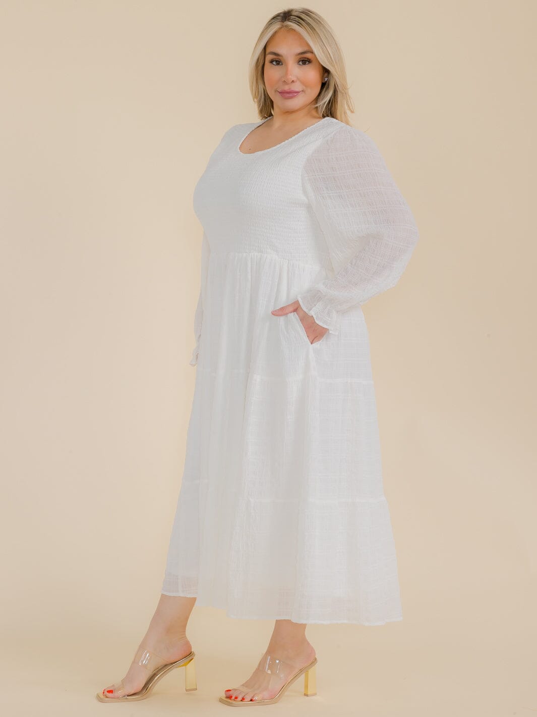 PLUS SIZE LONG SLEEVE SMOCK FRONT POCKETS MAXI DRESS