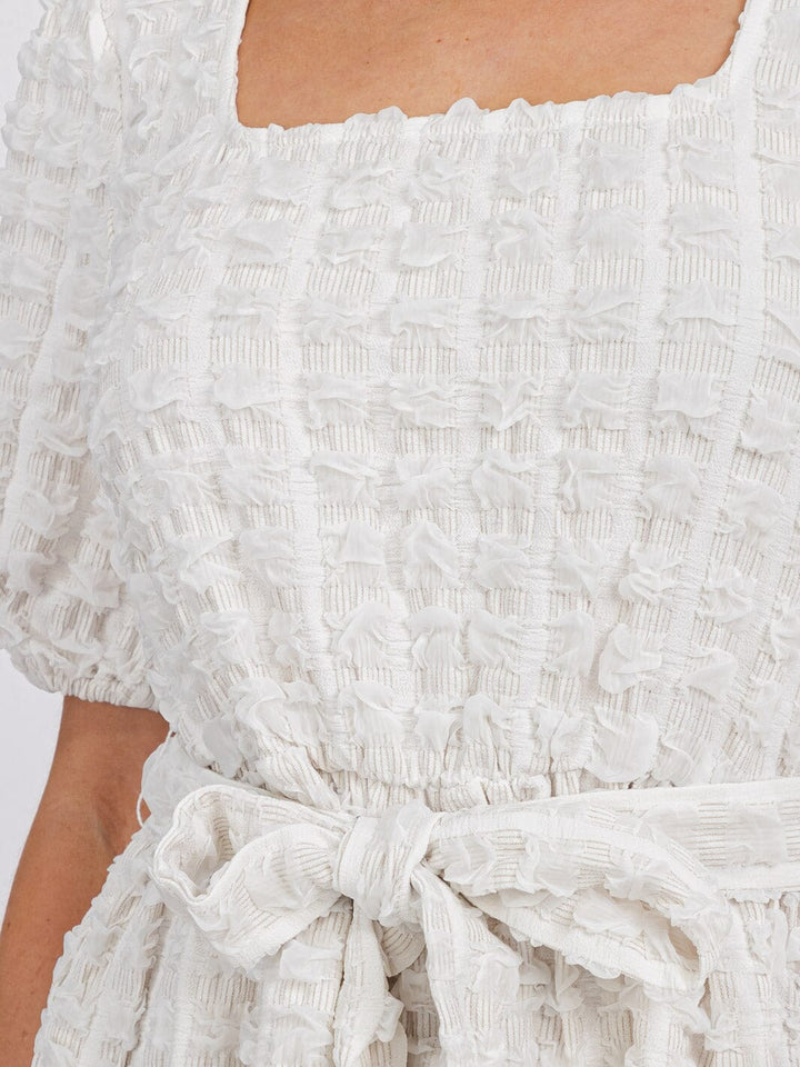 WOMEN'S SHORT PUFF SLEEVE SQUARE NECK TIERED POCKETS MIDI DRESS
