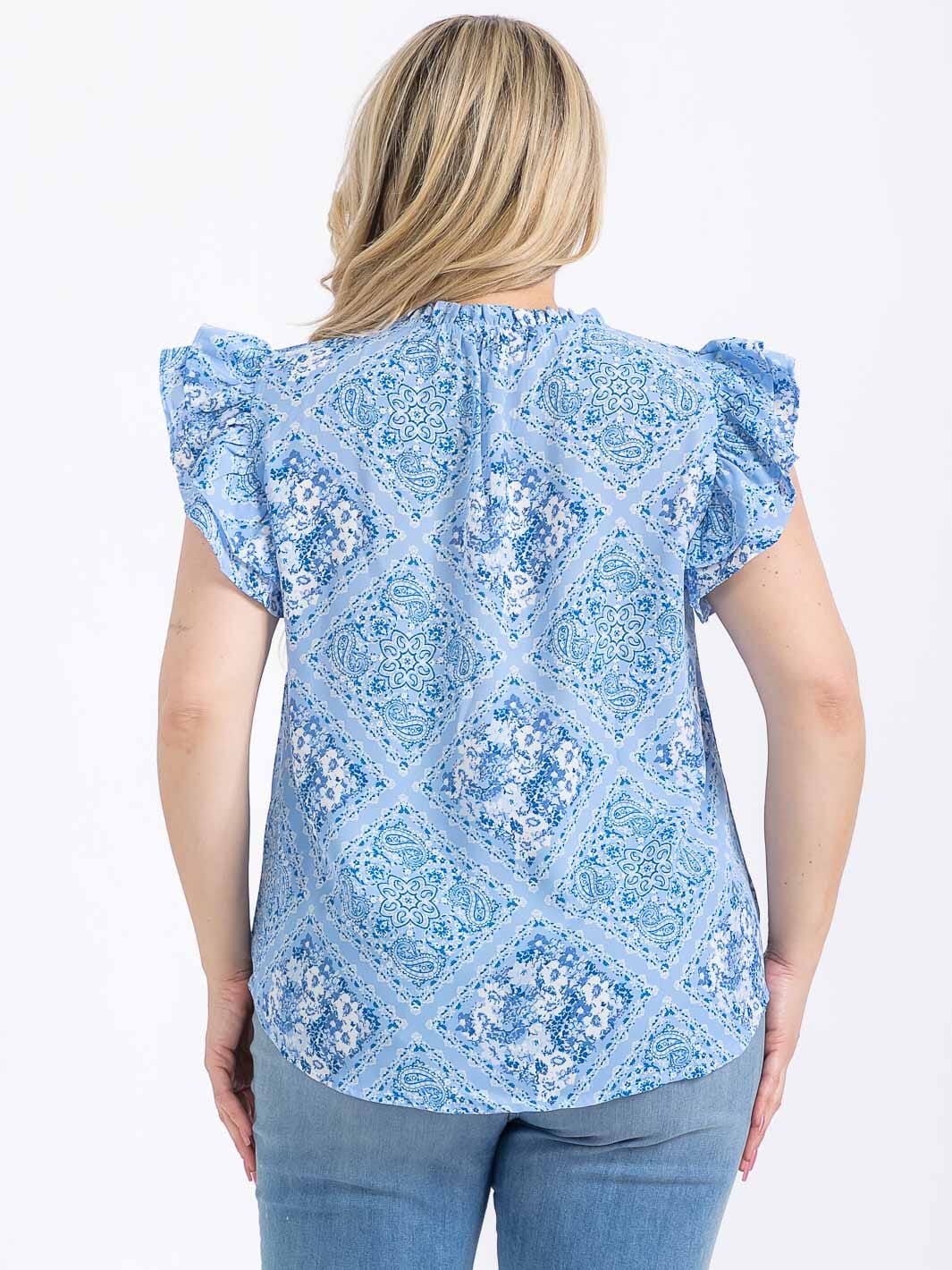 PLUS SIZE SHORT RUFFLE SLEEVE V-NECK MULTI PRINT BLOUSE