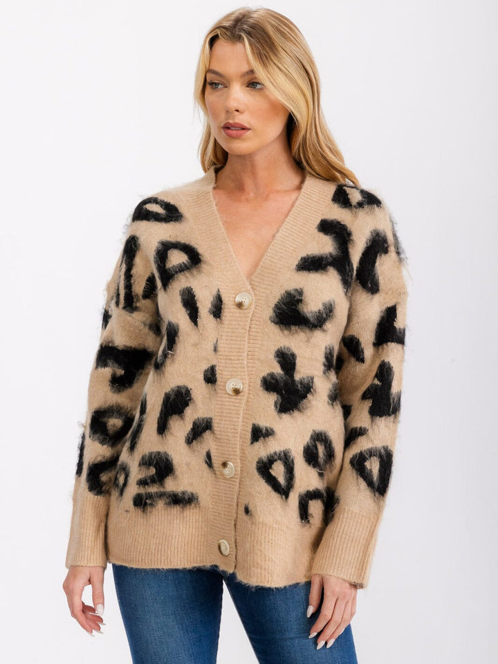 WOMEN'S LONG SLEEVE BUTTON CLOSURE ANIMAL PRINT CARDIGAN SWEATER