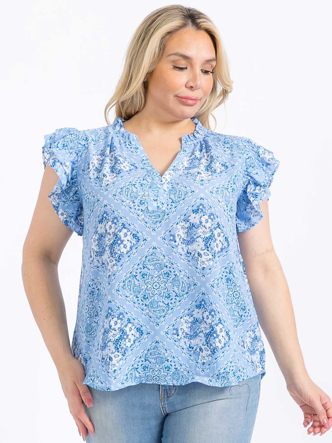 PLUS SIZE SHORT RUFFLE SLEEVE V-NECK MULTI PRINT BLOUSE