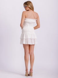 WOMEN'S SLEEVELESS SMOCK RUFFLE TIERED EYELET TUBE MINI DRESS