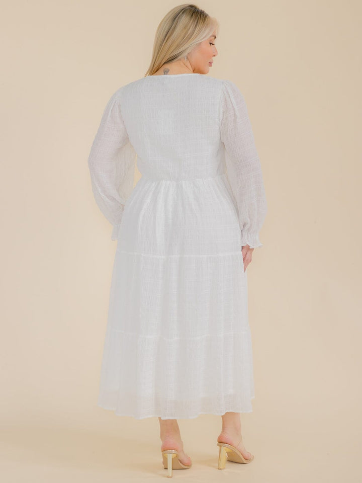 PLUS SIZE LONG SLEEVE SMOCK FRONT POCKETS MAXI DRESS