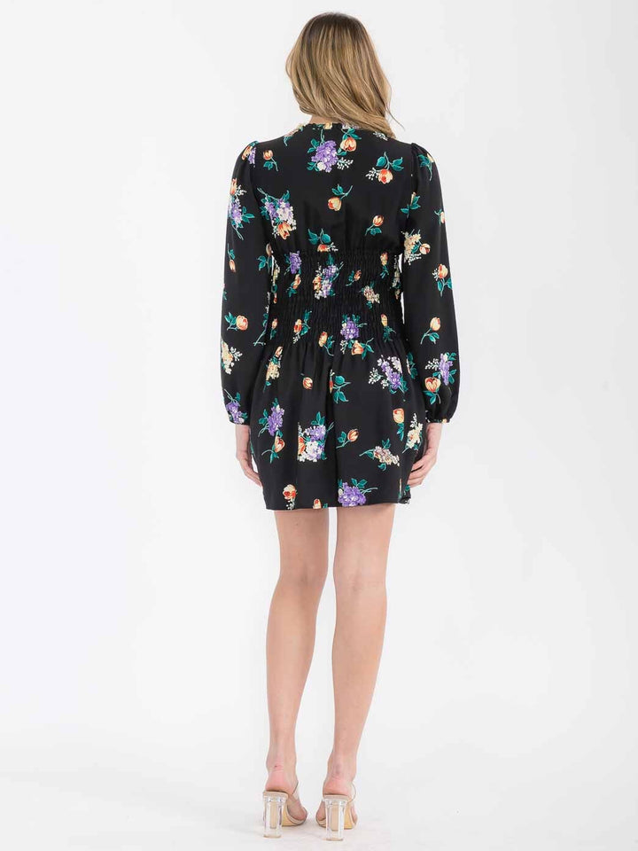 WOMEN'S LONG SLEEVE V-NECK SMOCK FLORAL MINI DRESS
