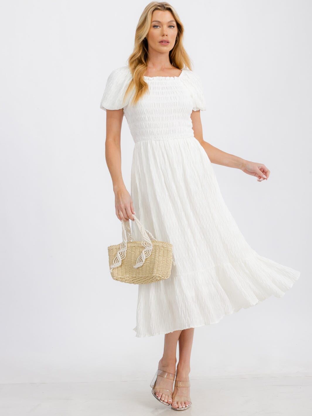 WOMEN'S SHORT SLEEVE SMOCK TIERED FRONT POCKETS MAXI DRESS