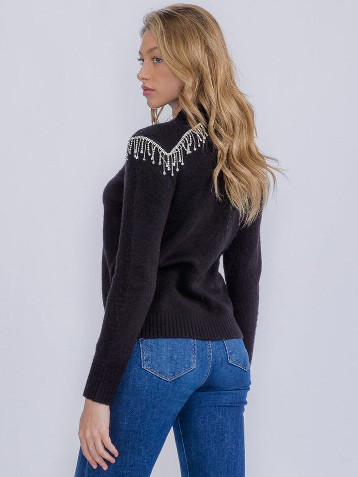 WOMEN'S LONG SLEEVE STUDS FRINGE FUZZY PULLOVER SWEATER