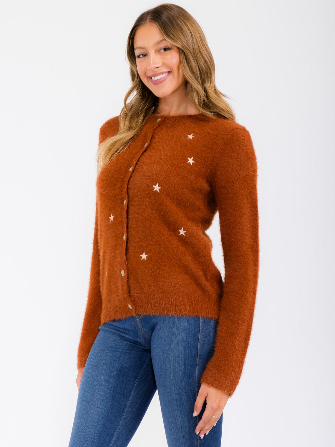 WOMEN'S LONG SLEEVE BUTTON UP STARS PRINT CARDIGAN SWEATER