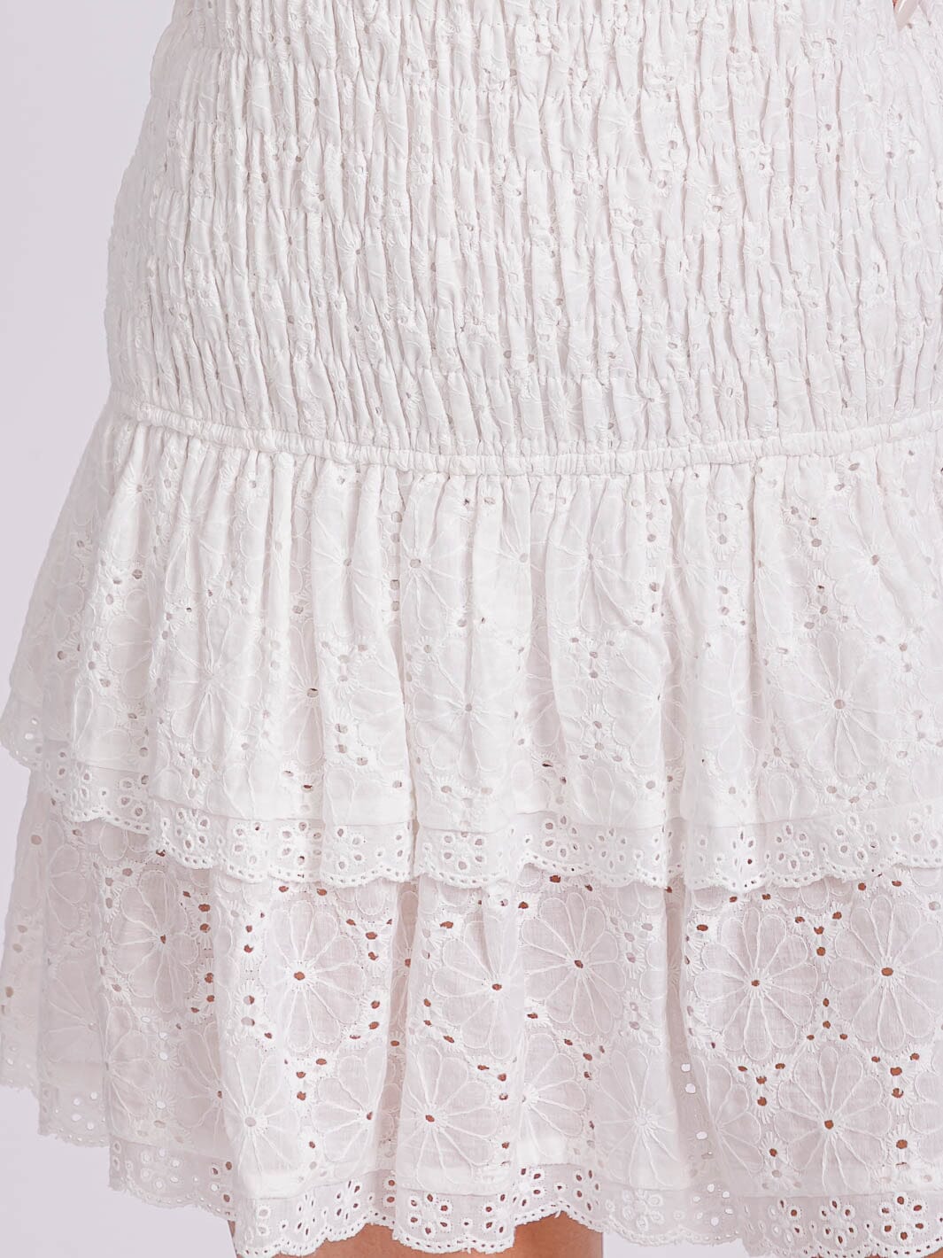 WOMEN'S SLEEVELESS SMOCK RUFFLE TIERED EYELET TUBE MINI DRESS