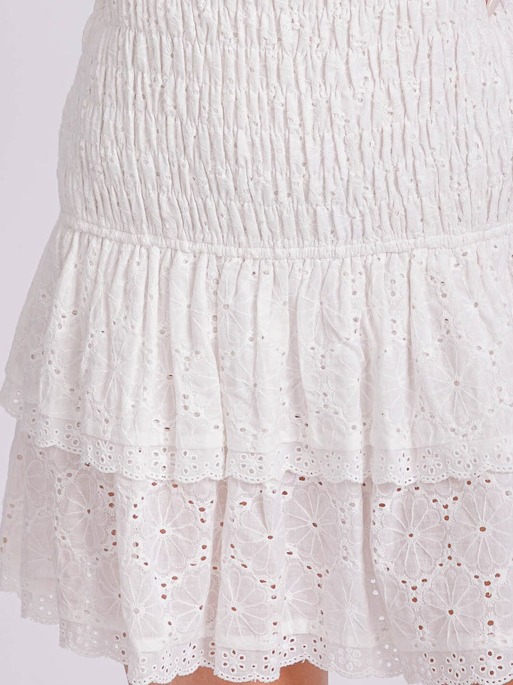 WOMEN'S SLEEVELESS SMOCK RUFFLE TIERED EYELET TUBE MINI DRESS