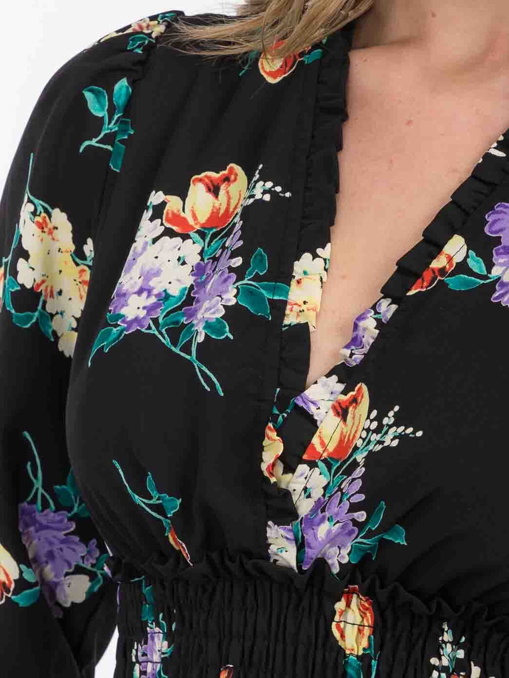 WOMEN'S LONG SLEEVE V-NECK SMOCK FLORAL MINI DRESS