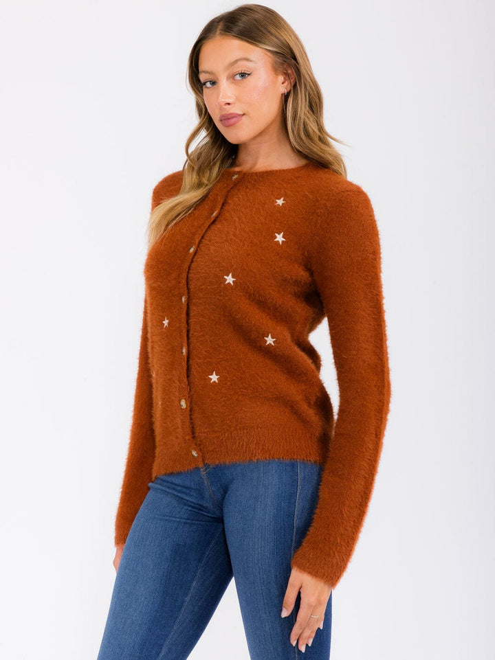 WOMEN'S LONG SLEEVE BUTTON UP STARS PRINT CARDIGAN SWEATER
