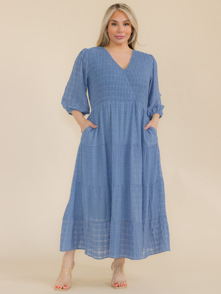 PLUS SIZE 3/4 SLEEVE FRONT POCKETS SMOCK TIERED MAXI DRESS