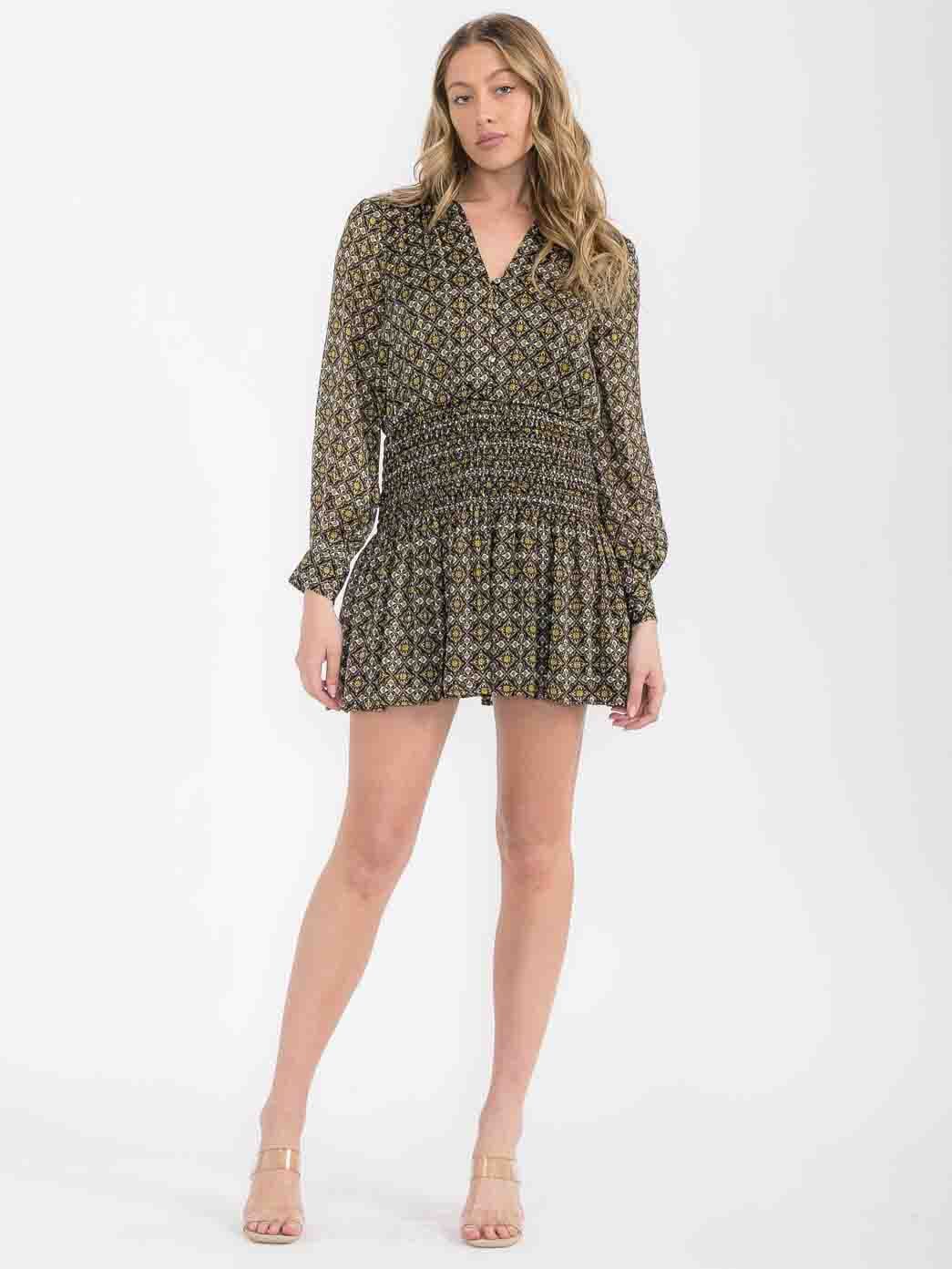 WOMEN'S LONG SLEEVE SMOCK WAIST BUTTON UP PRINTED MINI DRESS