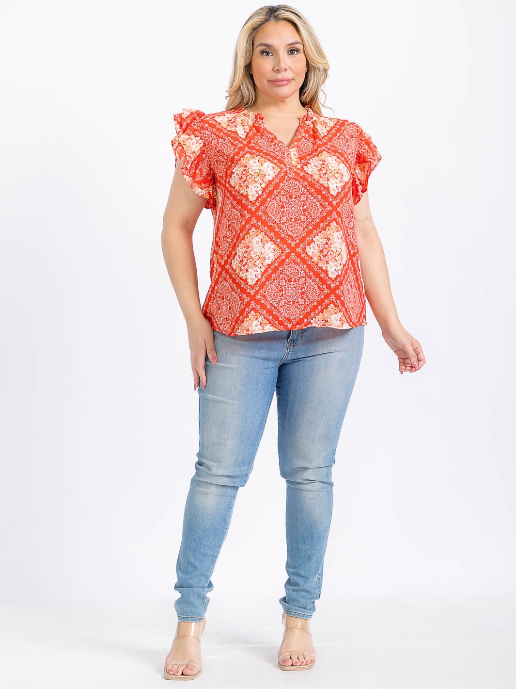 PLUS SIZE SHORT RUFFLE SLEEVE V-NECK MULTI PRINT BLOUSE