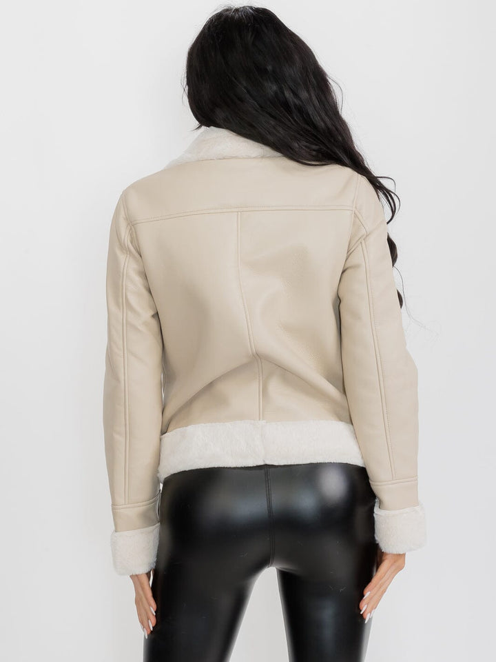 WOMEN'S LONG SLEEVE FAUX FUR LINING ZIPPER CLOSURE FRONT POCKETS PU PLEATHER JACKET