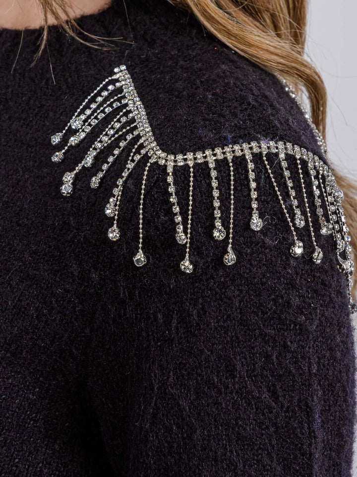 WOMEN'S LONG SLEEVE STUDS FRINGE FUZZY PULLOVER SWEATER