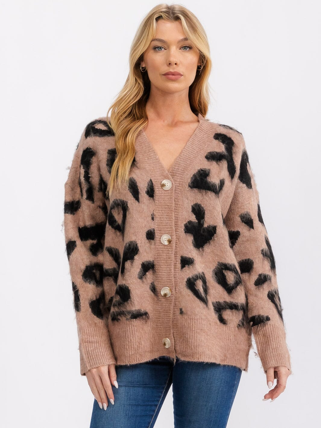 WOMEN'S LONG SLEEVE BUTTON CLOSURE ANIMAL PRINT CARDIGAN SWEATER