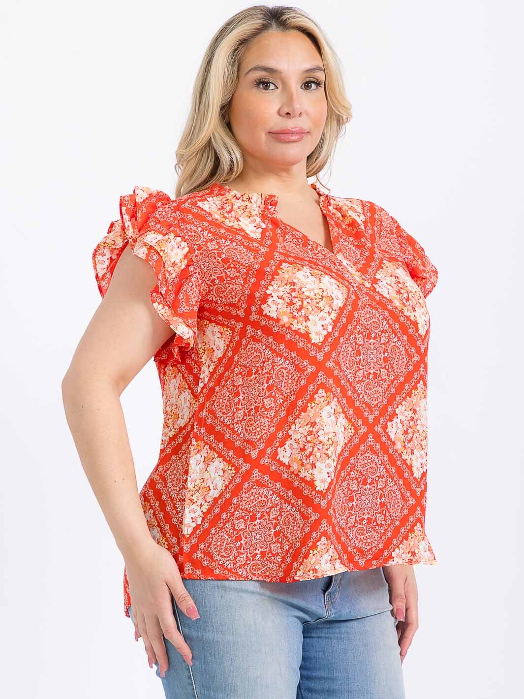 PLUS SIZE SHORT RUFFLE SLEEVE V-NECK MULTI PRINT BLOUSE