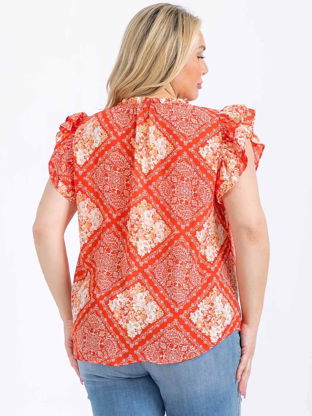 PLUS SIZE SHORT RUFFLE SLEEVE V-NECK MULTI PRINT BLOUSE