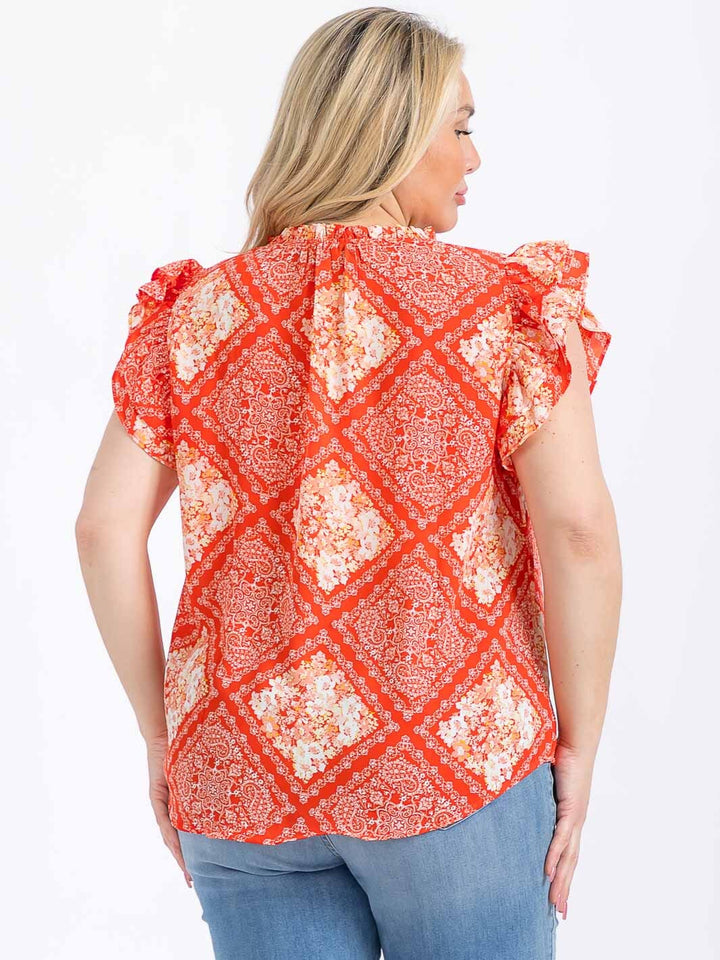 PLUS SIZE SHORT RUFFLE SLEEVE V-NECK MULTI PRINT BLOUSE