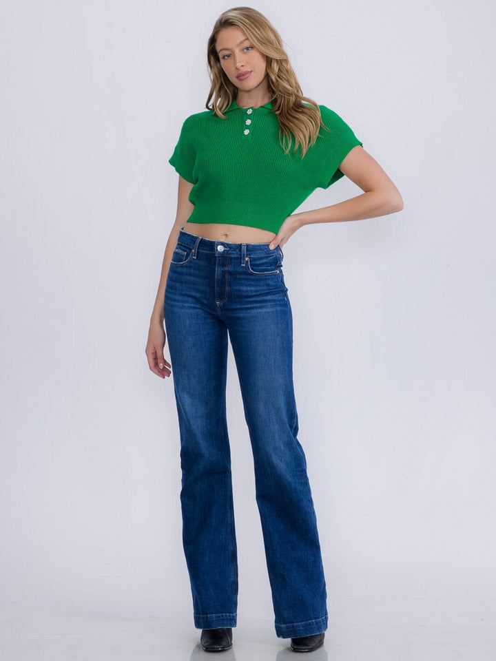 WOMEN'S SHORT SLEEVE BUTTON UP RIBBED CROP TOP