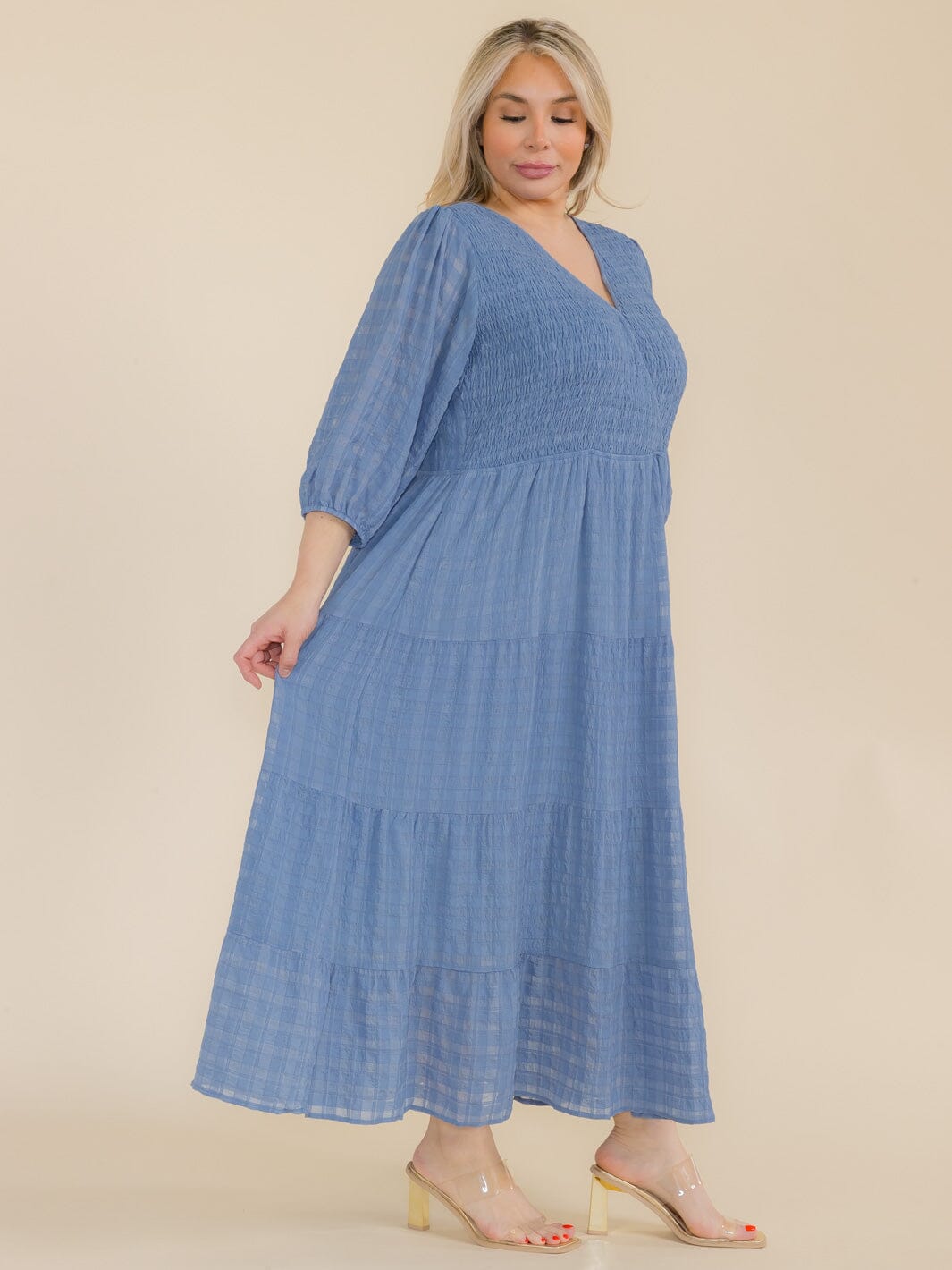 PLUS SIZE 3/4 SLEEVE FRONT POCKETS SMOCK TIERED MAXI DRESS