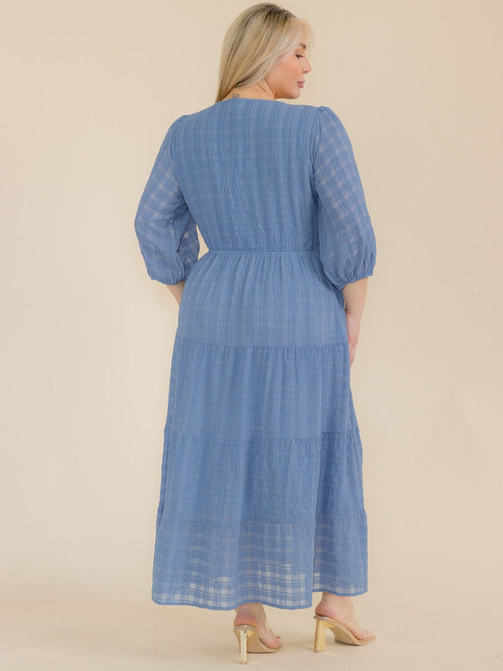 PLUS SIZE 3/4 SLEEVE FRONT POCKETS SMOCK TIERED MAXI DRESS