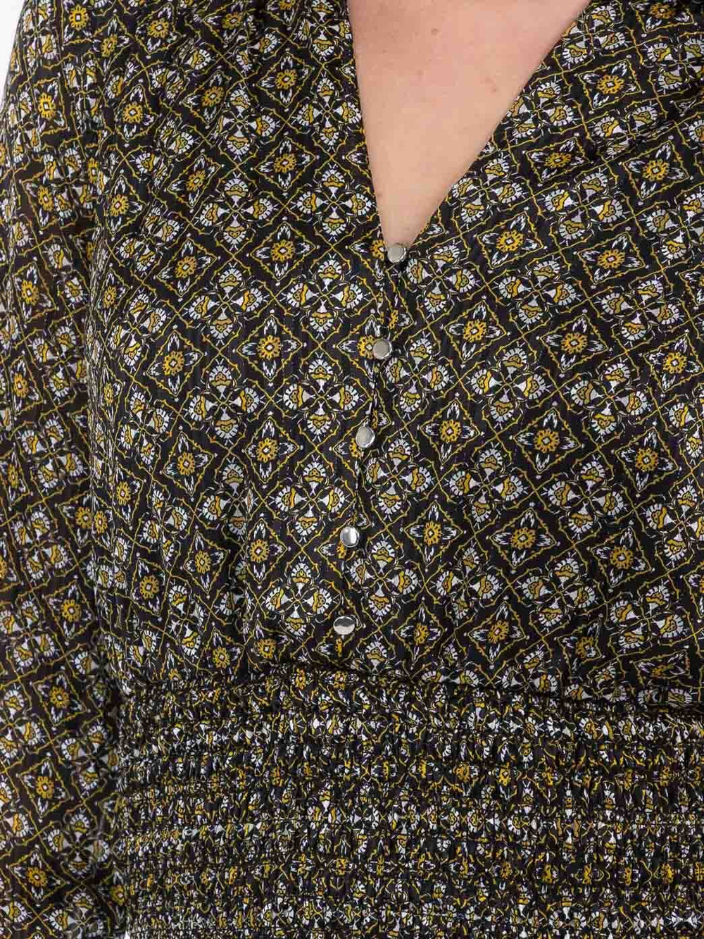 WOMEN'S LONG SLEEVE SMOCK WAIST BUTTON UP PRINTED MINI DRESS