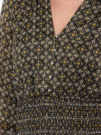 WOMEN'S LONG SLEEVE SMOCK WAIST BUTTON UP PRINTED MINI DRESS