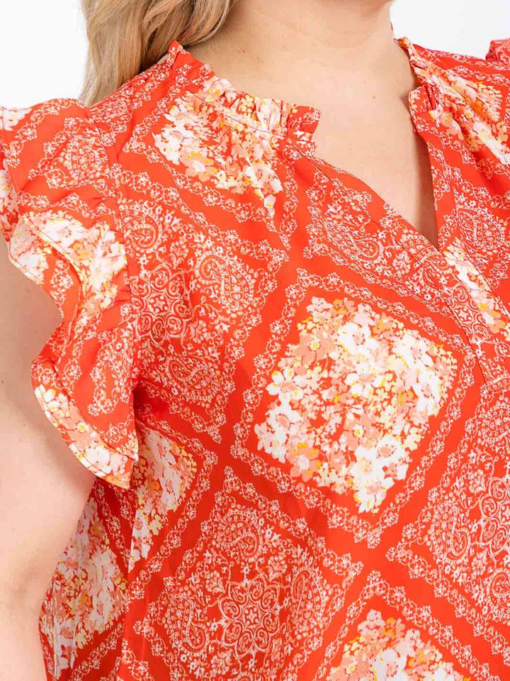 PLUS SIZE SHORT RUFFLE SLEEVE V-NECK MULTI PRINT BLOUSE
