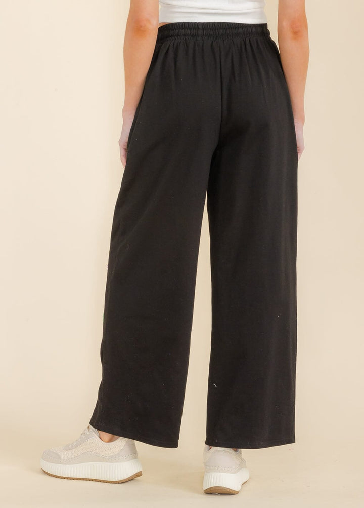 WOMEN'S ELASTIC WAIST SELF TIE FRONT POCKETS QUEEN WIDE LEG PANTS