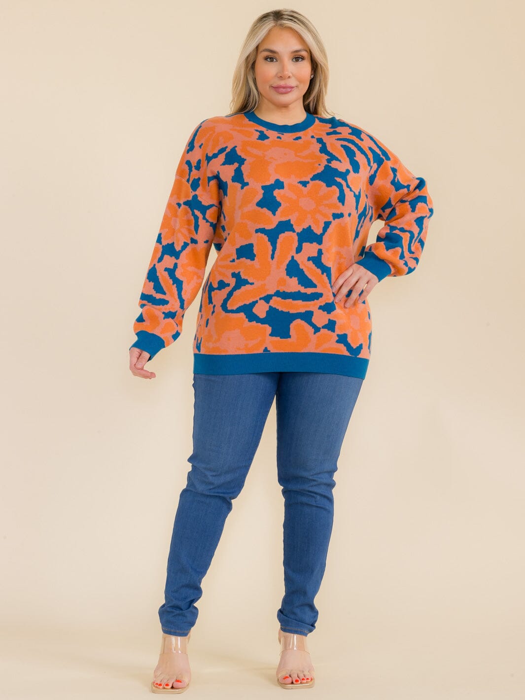 PLUS SIZE LONG SLEEVE COLORBLOCK PRINTED PULLOVER SWEATER