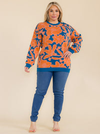 PLUS SIZE LONG SLEEVE COLORBLOCK PRINTED PULLOVER SWEATER