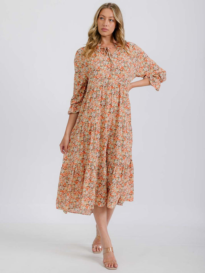 WOMEN'S 3/4 SLEEVE TIERED FLORAL MIDI DRESS