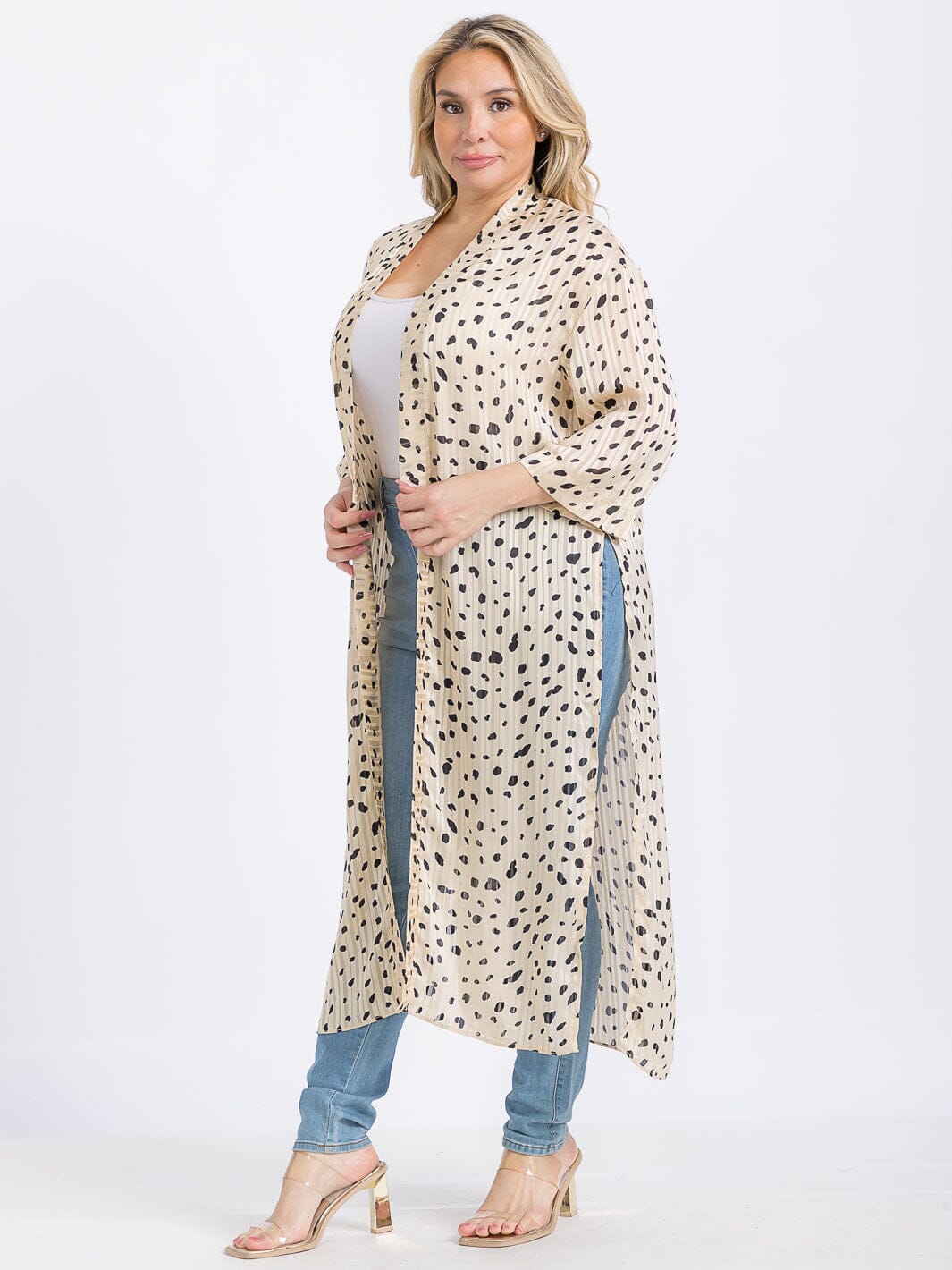 PLUS SIZE LONG SLEEVE OPEN FRONT SIDE SLIT ANIMAL PRINT CARDIGAN