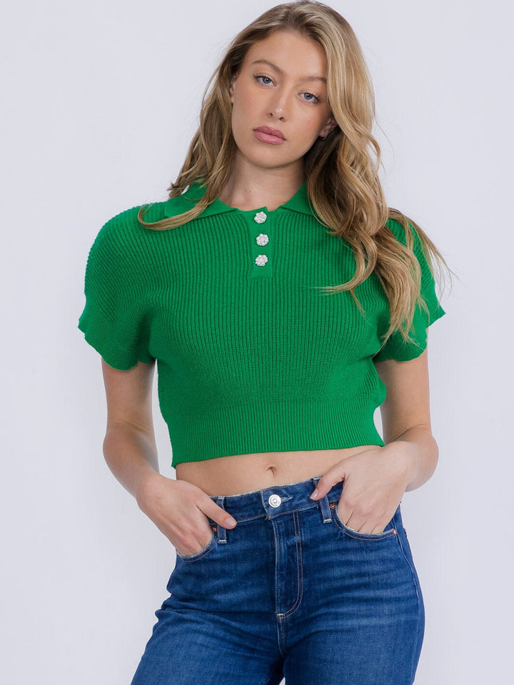 WOMEN'S SHORT SLEEVE BUTTON UP RIBBED CROP TOP