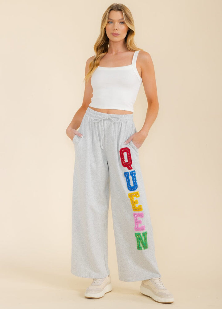 WOMEN'S ELASTIC WAIST SELF TIE FRONT POCKETS QUEEN WIDE LEG PANTS