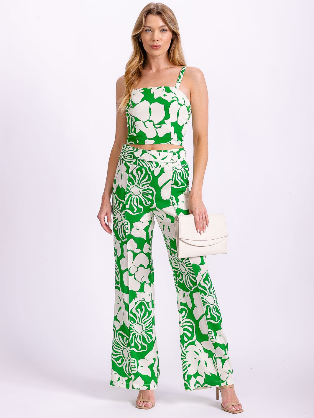 WOMEN'S SLEEVELESS SMOCK CROP TOP & ZIP UP PANTS FLORAL 2PC. SET