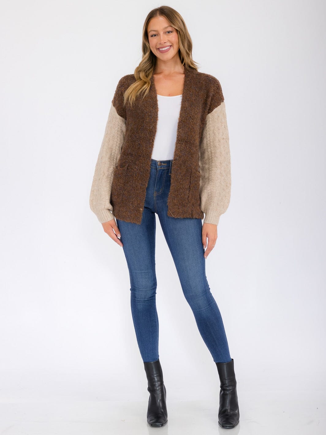 WOMEN'S LONG SLEEVE POCKETS COLORBLOCK OPEN FRONT CARDIGAN