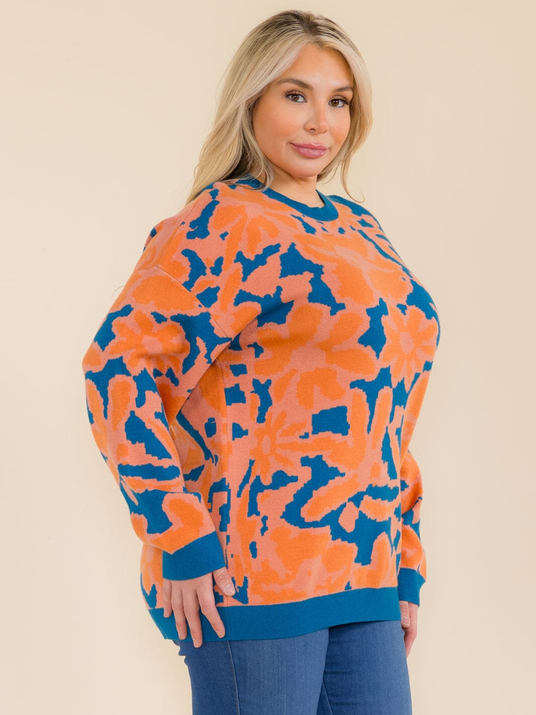 PLUS SIZE LONG SLEEVE COLORBLOCK PRINTED PULLOVER SWEATER