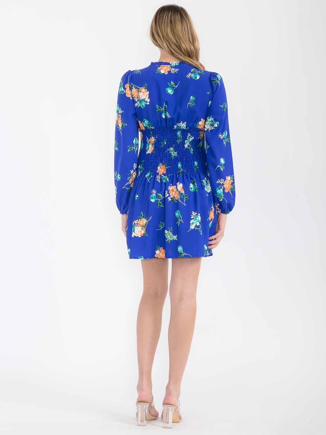 WOMEN'S LONG SLEEVE V-NECK SMOCK FLORAL MINI DRESS