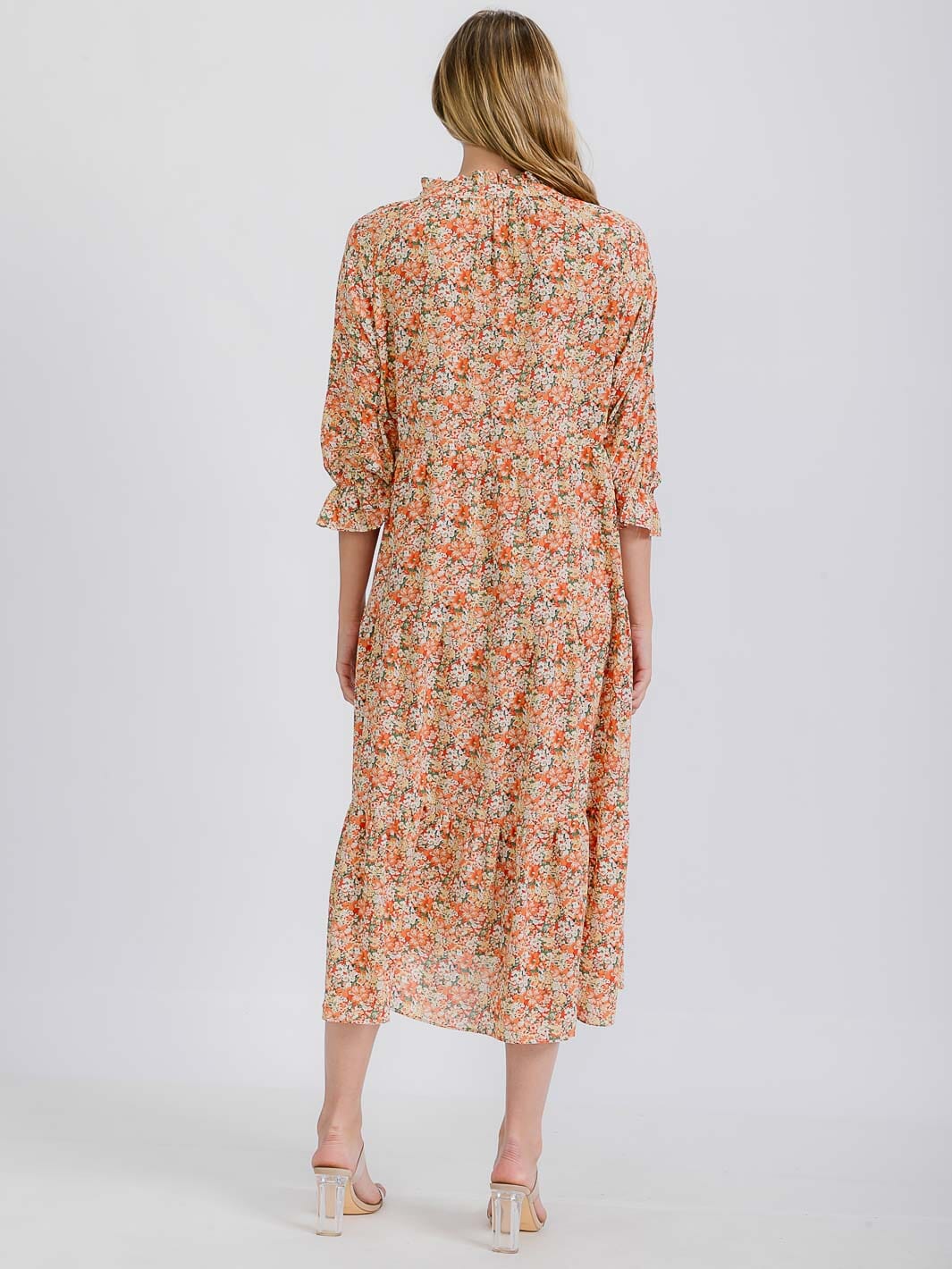 WOMEN'S 3/4 SLEEVE TIERED FLORAL MIDI DRESS