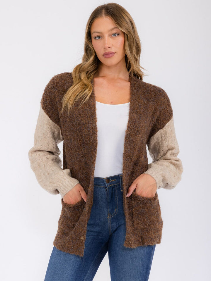 WOMEN'S LONG SLEEVE POCKETS COLORBLOCK OPEN FRONT CARDIGAN